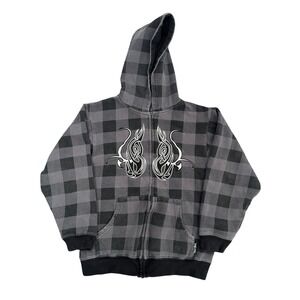 Vintage Y2K Silver Point Boys Gray Black Buffalo Plaid Tribal Zip Hoodie Size M
